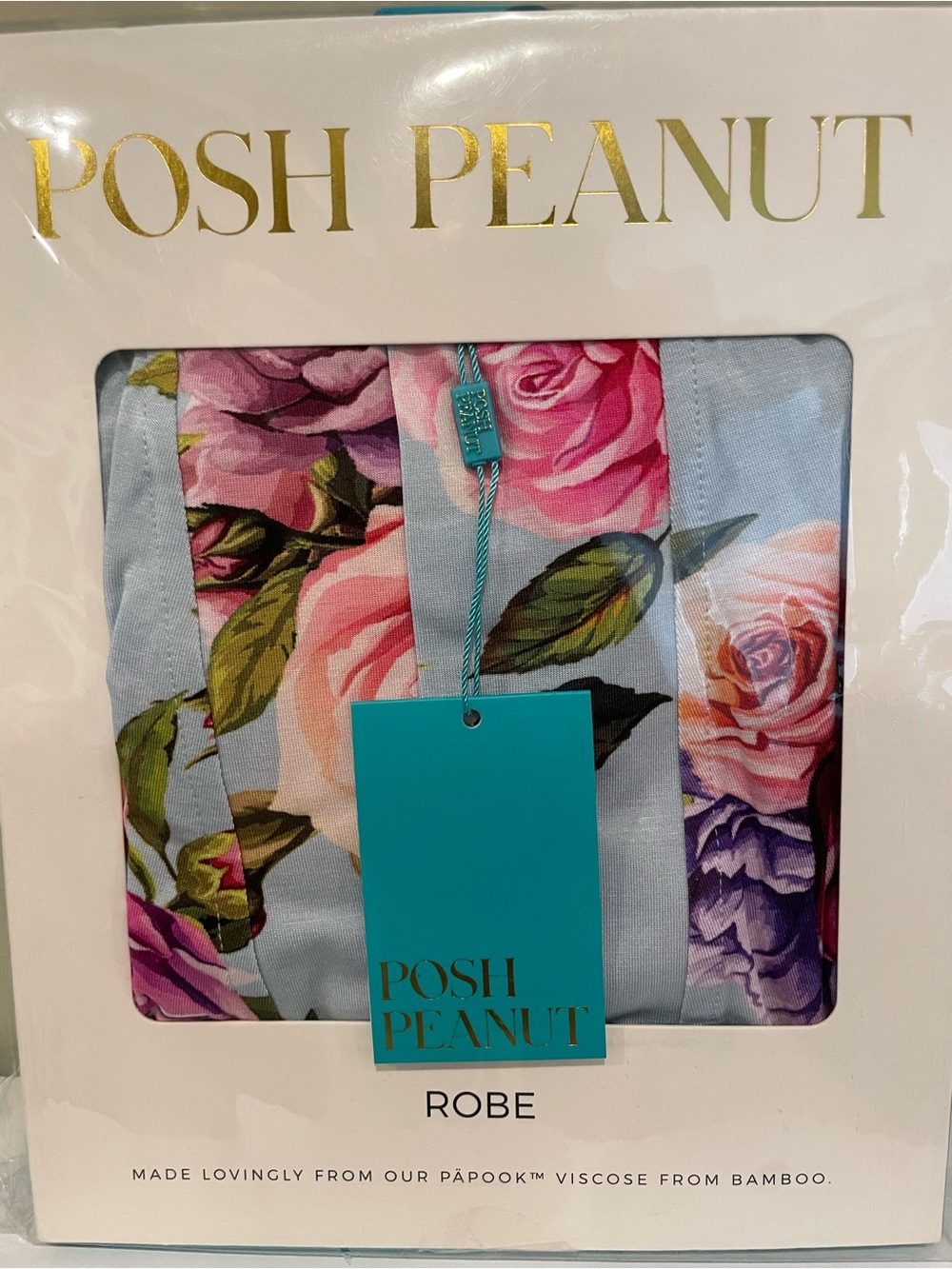 Posh Peanut Blue Floral Robe with Pink and Purple Roses